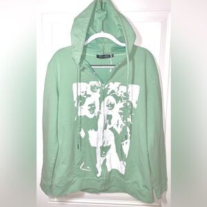 Qumee NWOT Mint Green Hoodie with white graphic of people XL
